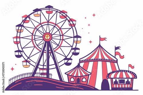 Colorful Ferris Wheel and Carnival Tent on White circus
