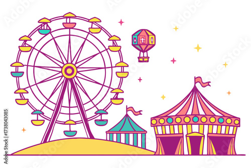 Colorful Ferris Wheel and Carnival Tents on White circus tent