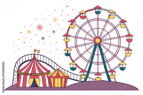 Colorful Ferris Wheel and Carnival Tents on White Background