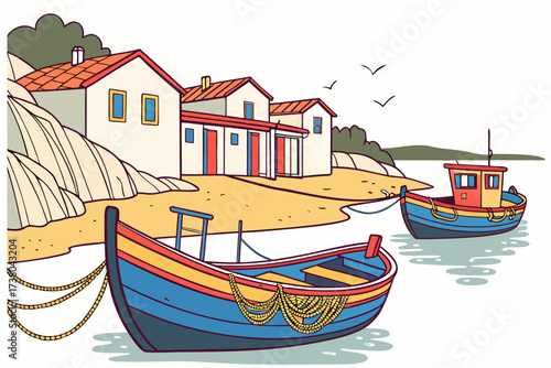 Colorful fishing boats by a coastal village on calm water