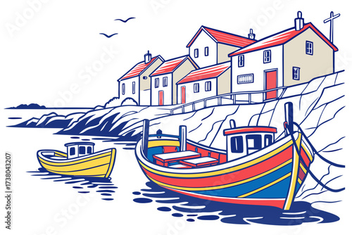 Colorful fishing boats by coastal village houses fishing village