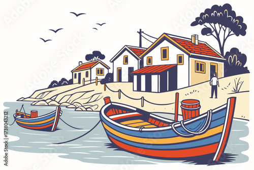 Colorful fishing boats by coastal village houses fishing village 1