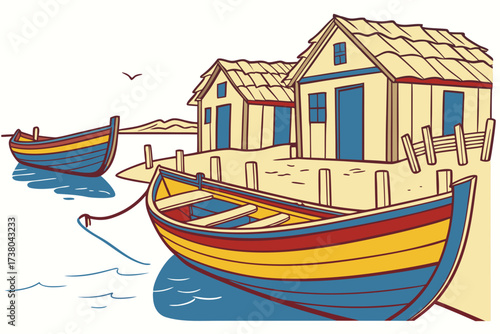 Colorful fishing boats docked at a quaint village fishing village