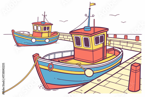Colorful fishing boats docked at a harbor with yellow pier