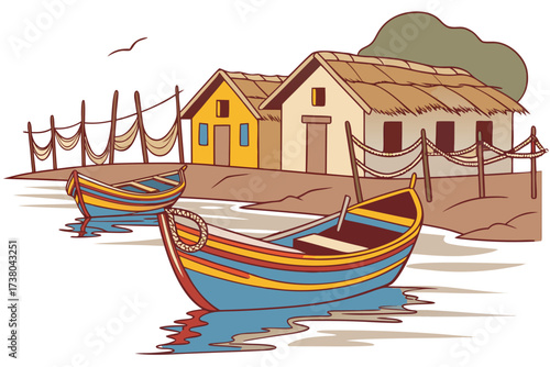 Colorful fishing boats docked at a village with thatched roofs