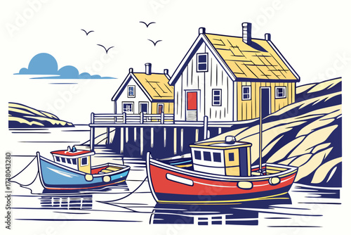 Colorful fishing boats in a serene coastal village