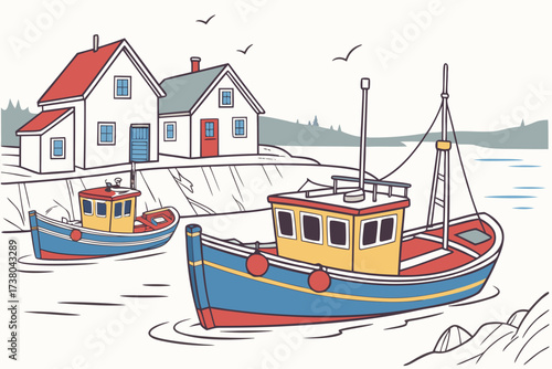 Colorful fishing boats in a village harbor fishing village