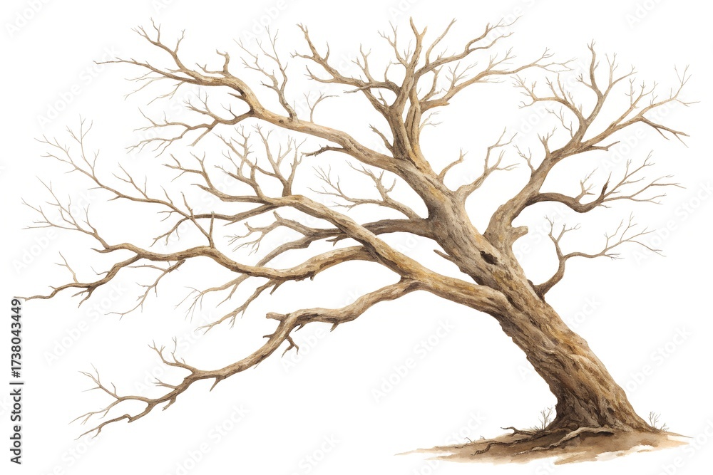 Obraz premium Watercolor illustration of a bare gnarled tree isolated on a white background