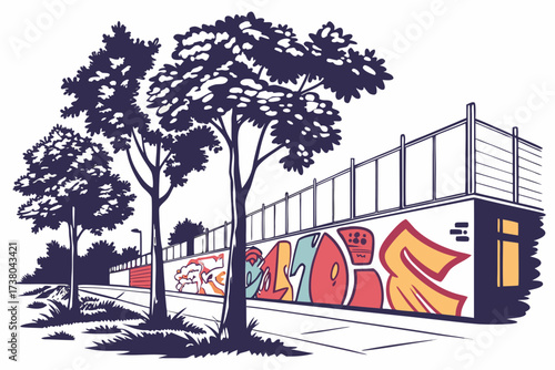 Colorful graffiti wall with trees and fence on white background