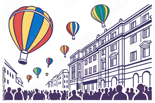 Colorful hot air balloons float above a city street parade