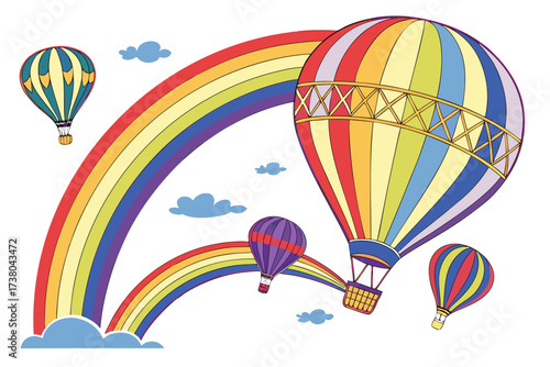 Colorful hot air balloons and rainbow on white background 2