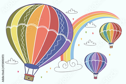 Colorful hot air balloons and rainbow on white background