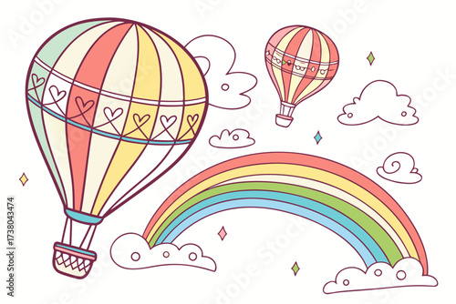 Colorful hot air balloons and rainbow on white cloud