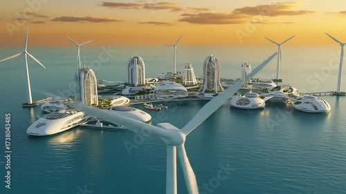Futuristic coastal city with advanced architecture and wind turbines at sunset over calm waters