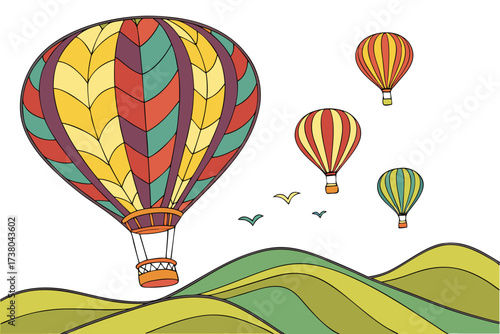 Colorful hot air balloons over rolling hills airship