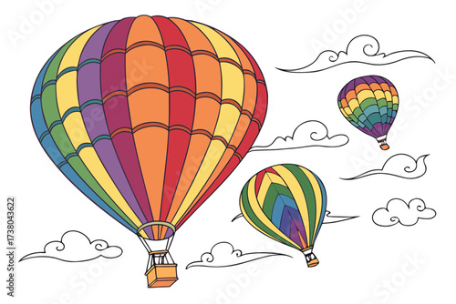 Colorful hot air balloons with clouds on white background