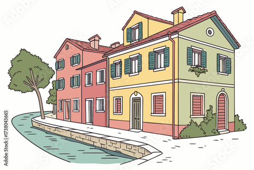 Colorful Italian village houses by a canal illustration