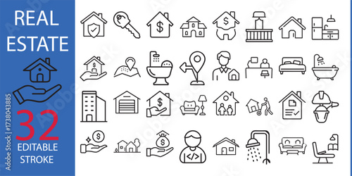 Real Estate minimal thin line web icon set. Included the icons as realty, property, mortgage, home loan and more. Outline icons collection. Simple vector illustration