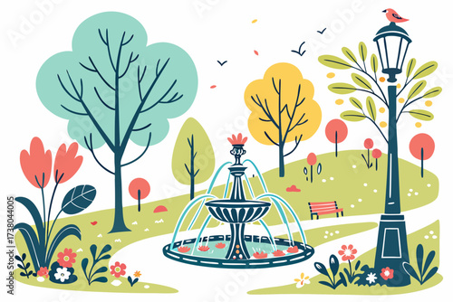 Colorful park scene with fountain trees and lamp post