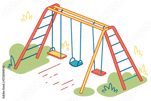 Colorful playground swing set with red yellow and blue elements