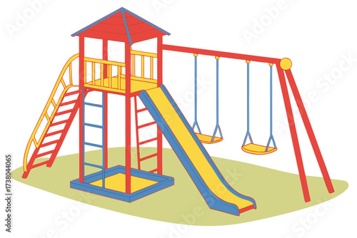 Colorful playground with slide and swings on white background 1