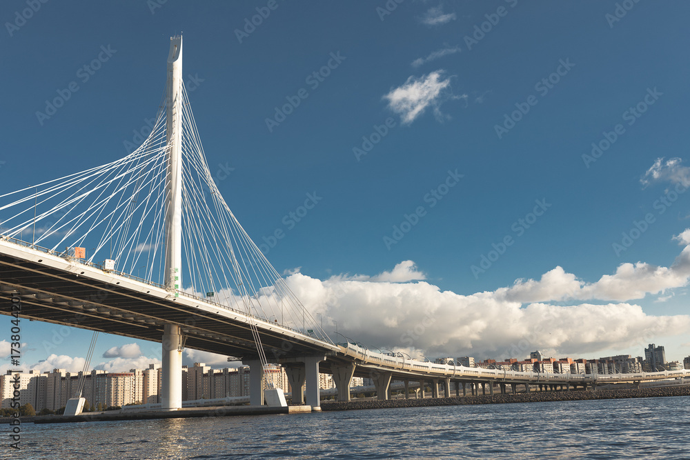 Obraz premium Cable-stayed bridge across Gulf of Finland in St. Petersburg, Russia on sunny day, copy space