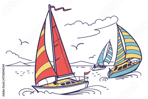 Colorful sailboats racing on the sea with birds and clouds