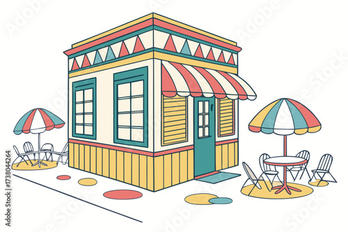 Colorful seaside cafe with outdoor seating and umbrellas