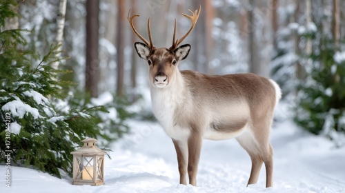 Wallpaper Mural Reindeer standing in snowy forest with lantern Torontodigital.ca