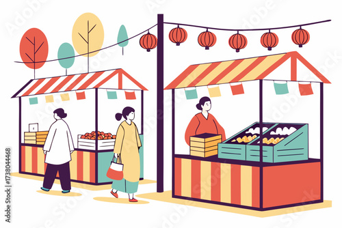 Colorful street market with people and stalls vendor