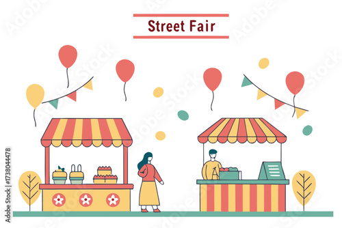 Colorful street fair with stalls balloons and people