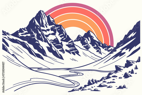 Colorful sunrise behind icy mountains vector design