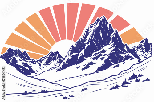 Colorful sunrise behind jagged mountain peaks nature