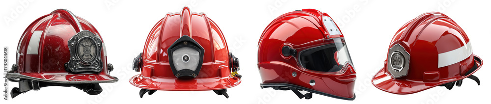 Fototapeta premium A collection of four firefighter helmets in different angles showcasing vibrant red protective gear against a clean white backdrop suitable for various design projects