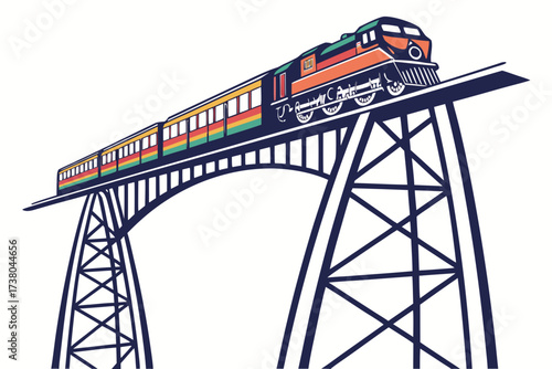 Colorful train on a tall bridge vector illustration 1