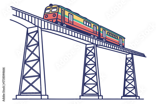 Colorful train on a tall bridge vector railway transportation