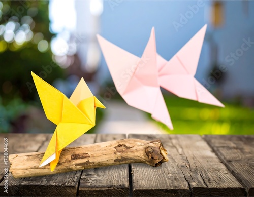 Origami birds on a wooden surface