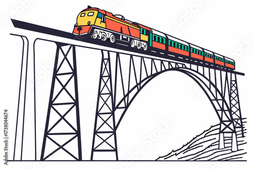 Colorful train on a tall bridge vector railway transportation 1