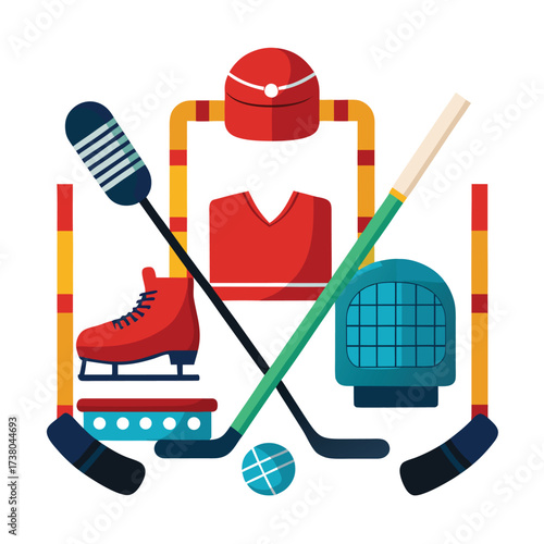 Hockey stick and puck on blue background illustration