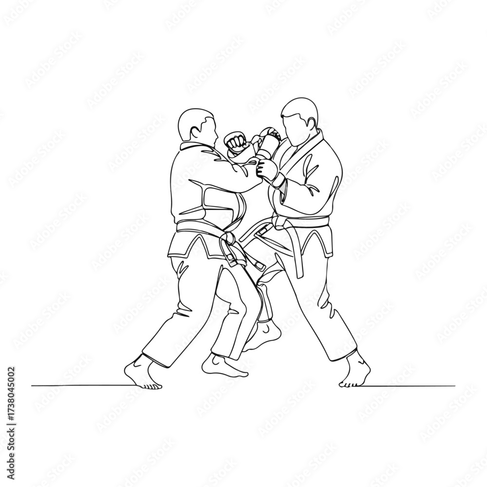 Fototapeta premium Martial arts combatants engaged in intense grappling competition.