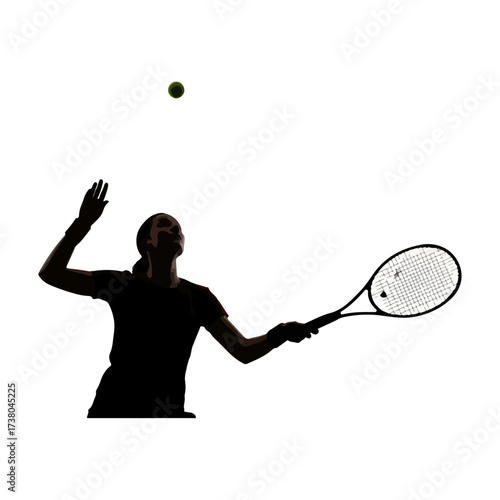 Tennis player silhouette serving the ball with racket.