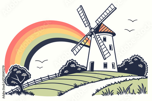 Countryside windmill with rainbow and birds rural landscape