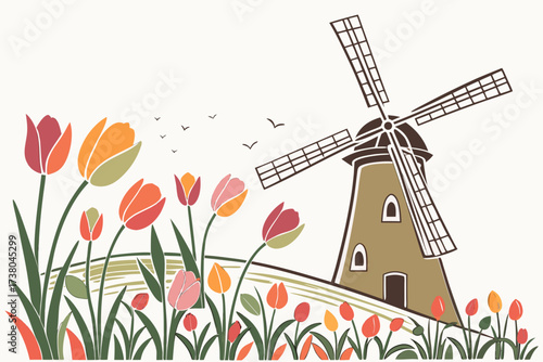 Countryside windmill with vibrant tulip fields and birds