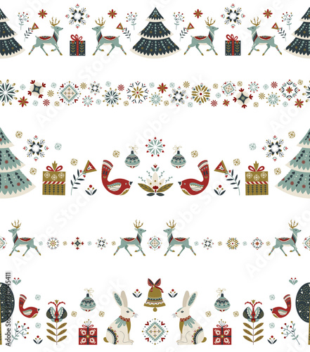 Vector collection of seamless Christmas borders in Nordic folk style. Deer, birds, rabbits, trees, gifts and ornaments in traditional festive patterns for holiday design, banner and greeting cards
