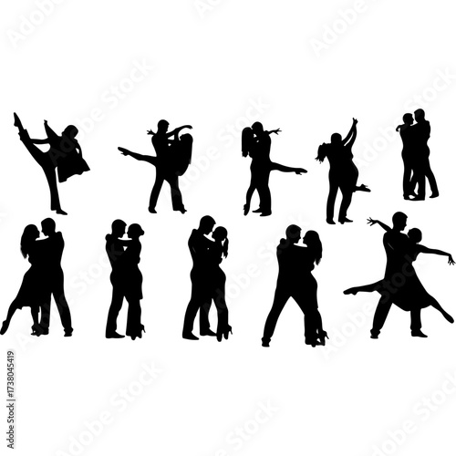 Dancing silhouettes of couples in various poses, black and white.