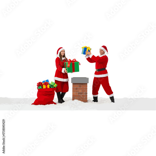 Christmas helpers delivering gifts to the chimney on snowy day.