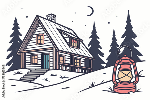 Cozy mountain cabin with lantern and crescent moon