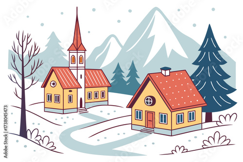 Cozy winter village with colorful rooftops and mountains