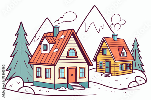 Cozy mountain village with colorful rooftops and pine trees 1