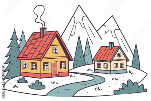 Cozy mountain village with colorful rooftops and pine trees 2